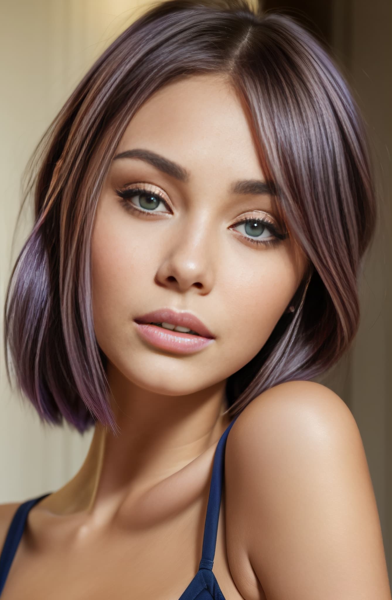 AI generated: young woman with short lilac hair and green eyes posing for a picture, portrait sophie mudd, madison...