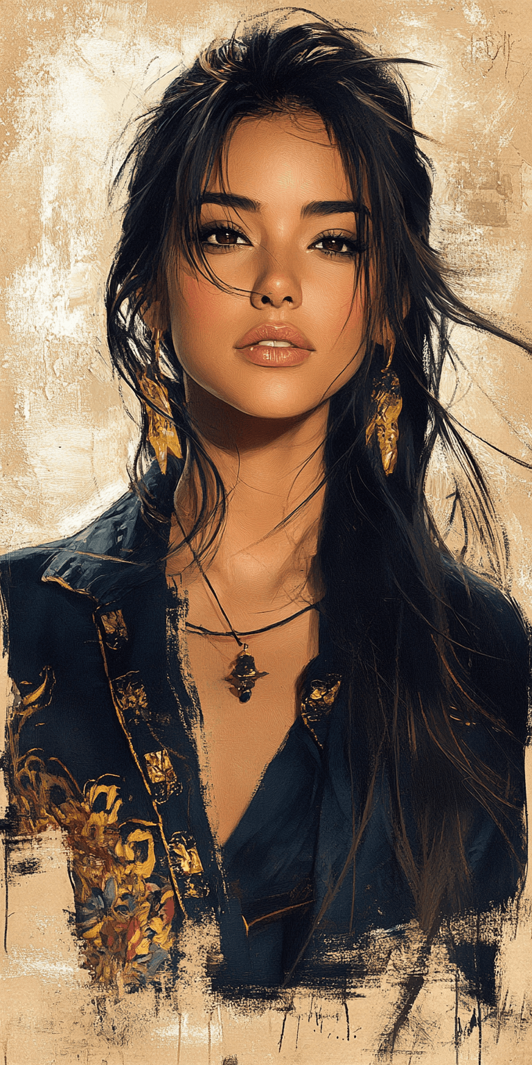 AI generated: a woman with long black hair in a gold painting, in the style of charlie bowater, dark blue and dark...