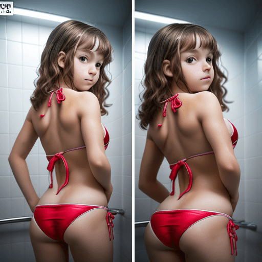 AI generated: 12 year old, bikini young girl in bathroom with her back to camera, professional photo shoot, high q...