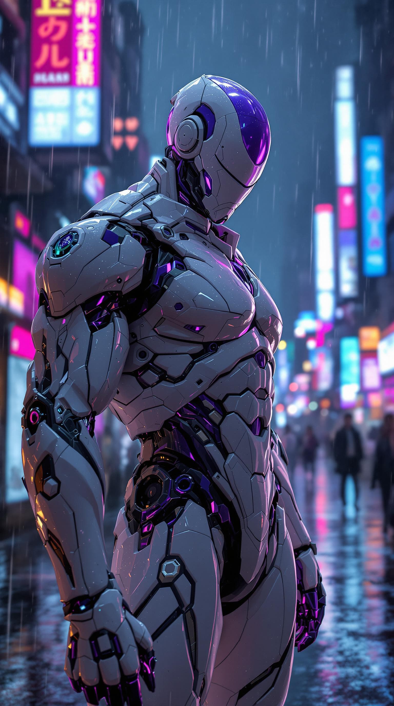 AI generated: Cyborg version of anime Frieza posing in a dystopian city in the rain,  hi tech white and purple arm...