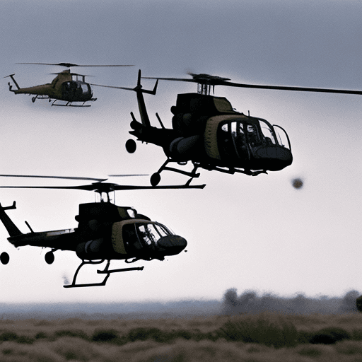 AI generated: A helicopter popping flairs about a wartorn battlefield 
