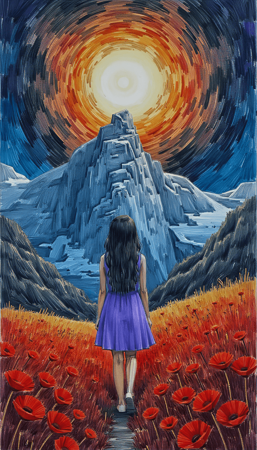 AI generated: A young girl with long, wavy hair is rocking a light purple dress as she strolls through a field of ...
