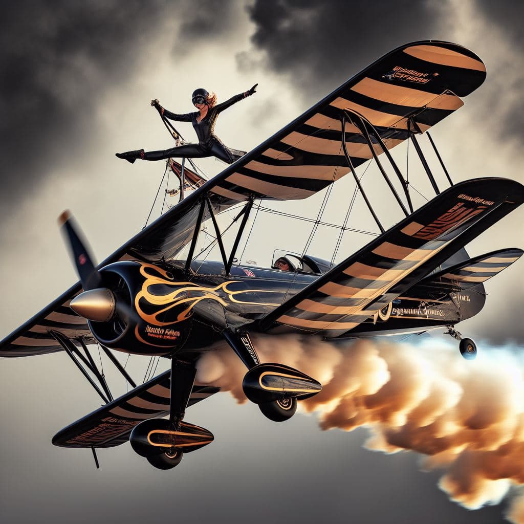 AI generated: Air show racer biplane in low flight, barn stormer, "Demon Duncan Dare Devil of the Air", action pho...