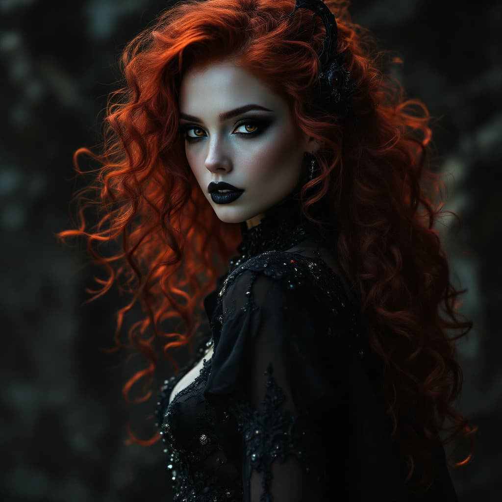 AI generated:  A woman with fiery, crimson-hued curls that tumble down her back like a vibrant, molten cascade, ag...