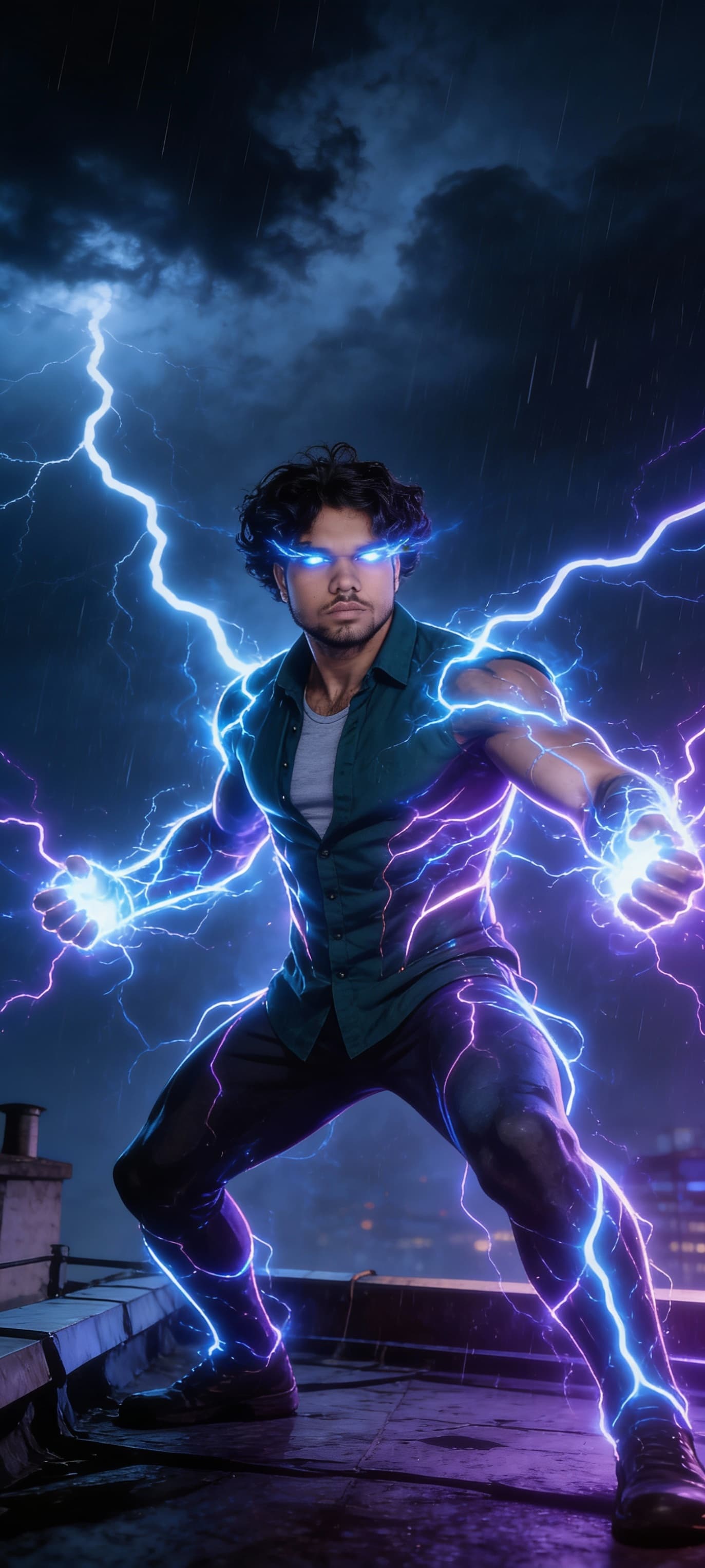 AI generated: A cinematic superhero standing on a rooftop at night, electric lightning powers flowing from his han...