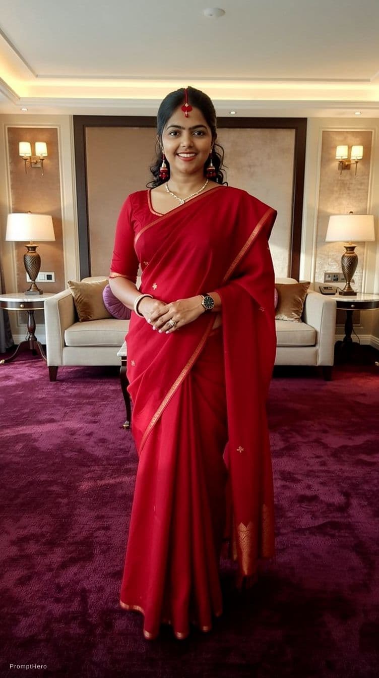 AI generated: full body view of most beautiful women in red saree as most beautiful indian realstic women with plu...