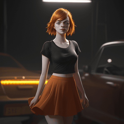 AI generated: phot of a beautiful emma stone with freckles, wearing a red skirt, black top, and yellow shoes, cine...