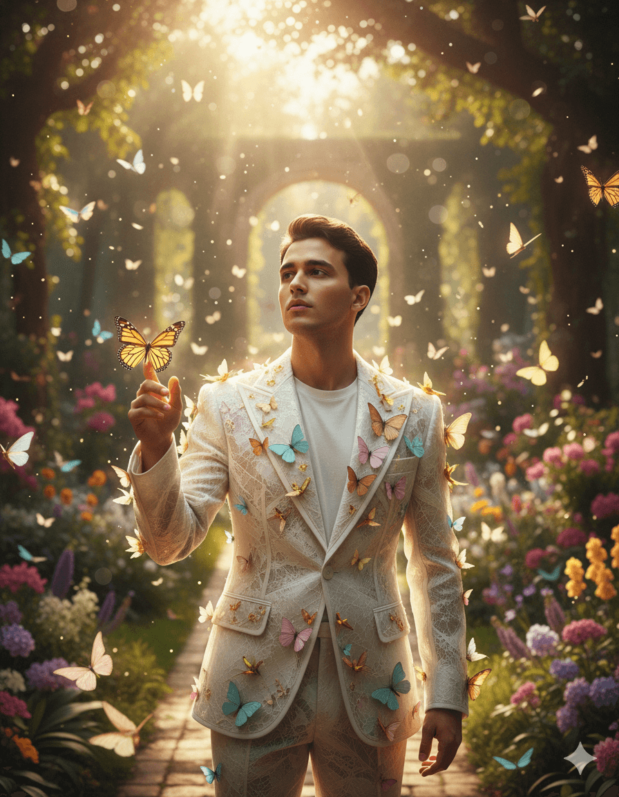 AI generated: A cinematic outdoor portrait of a young man with the same face and hairstyle as the reference photo,...