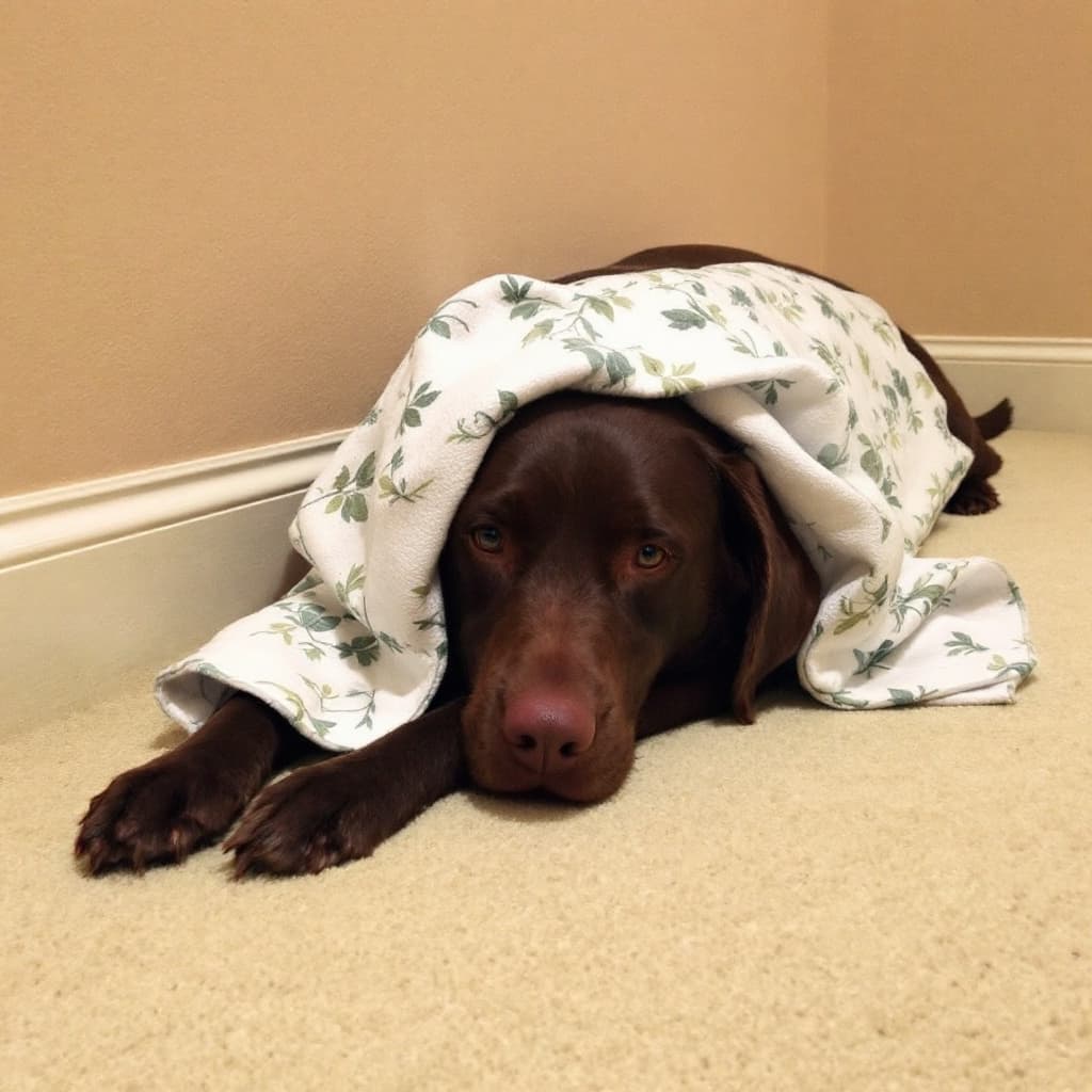 AI generated: The image shows a dog lying on a carpeted floor with a white cloth draped over its head. The dog is ...