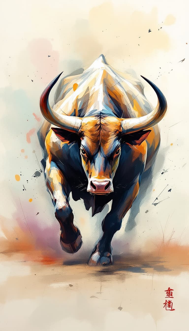 AI generated: Abstract landscape series of a fighting bull with pastel colors, aggressive charcoal drawing style, ...