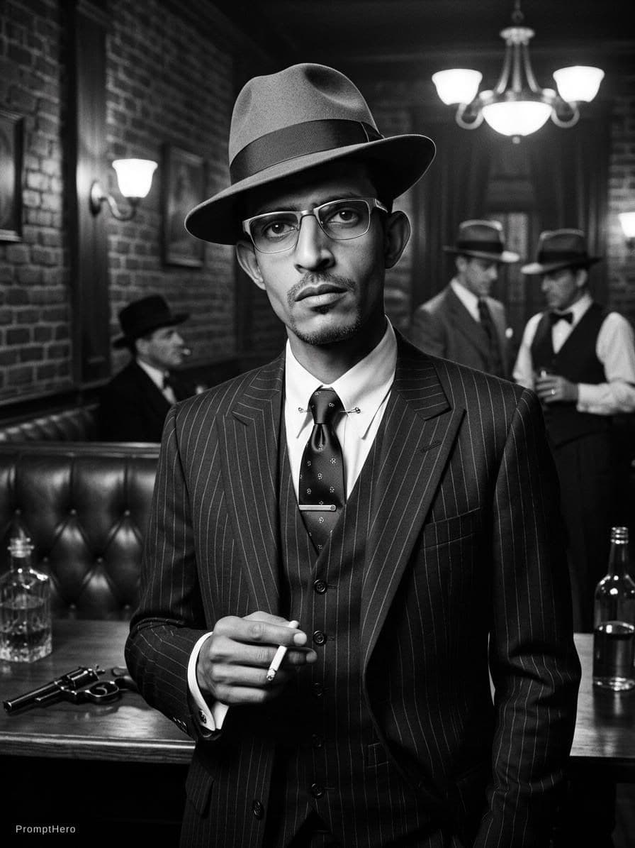 AI generated: madure man, vintaje wear, 20´s gangster look, black&white
