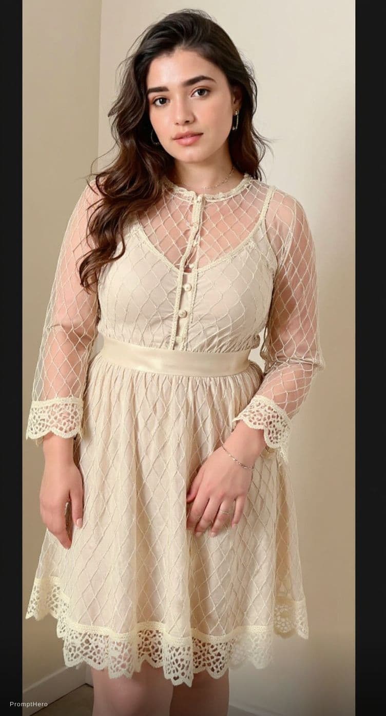 AI generated:  this girl dress full netted and show her skin impression naturally in 4k quality images 