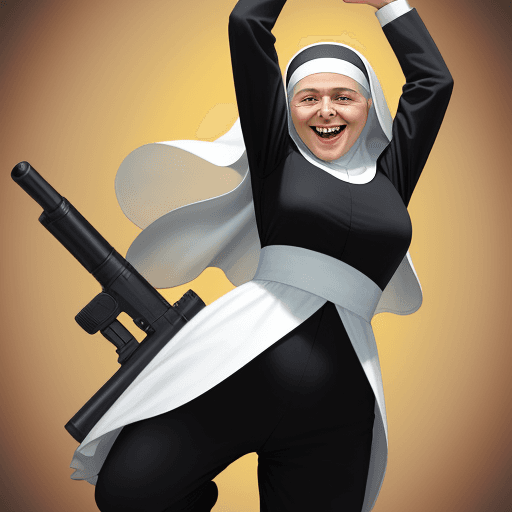 AI generated: A picture of a nun jumping a giant gun, she smiles too much, like a crazy woman