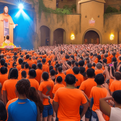 AI generated: young people with orange t-shirts worshiping the newborn baby Jesus disney pixar

