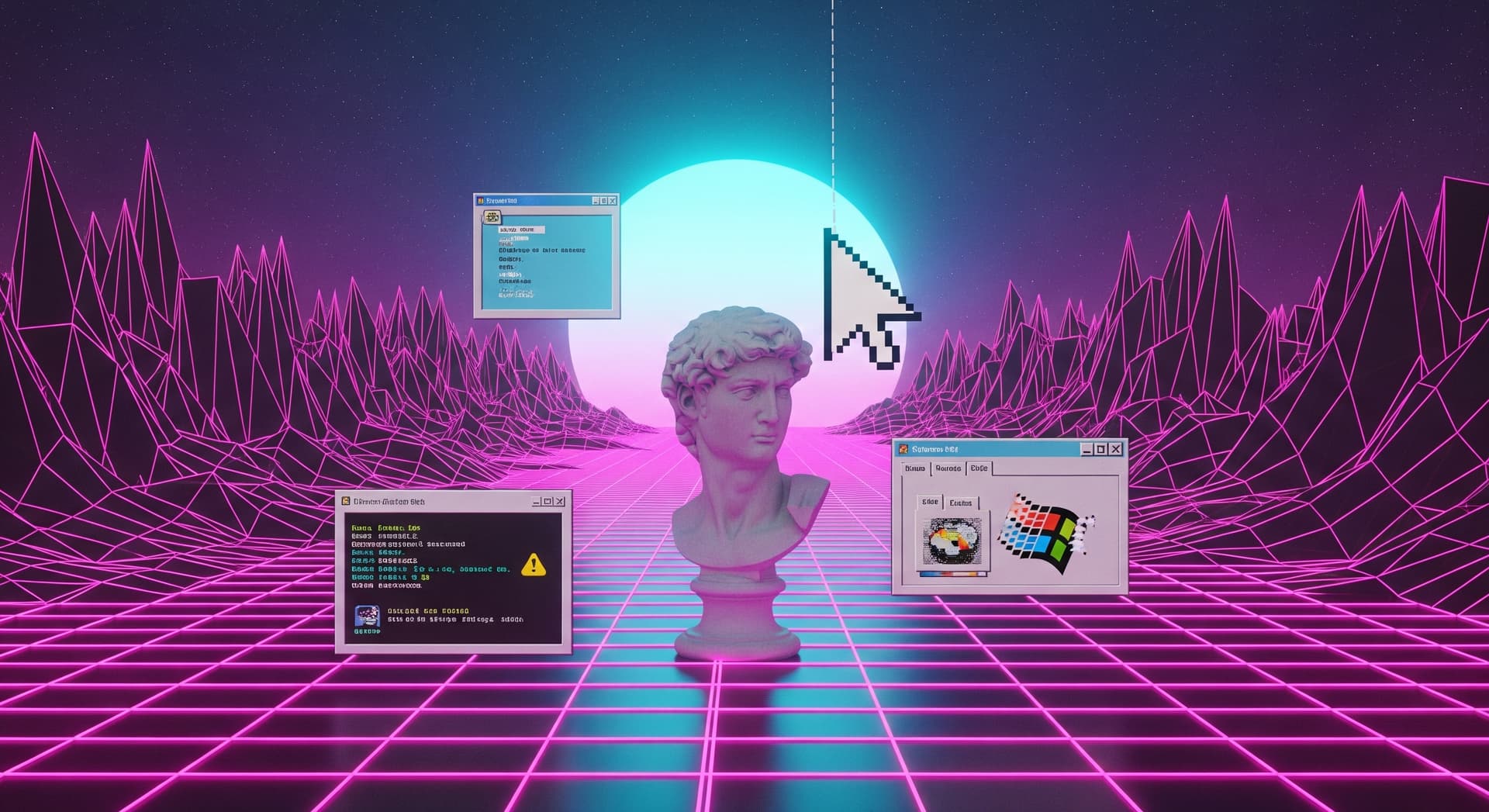 AI generated: A surreal Vaporwave landscape. The ground is a glowing pink 3D wireframe grid stretching to the hori...