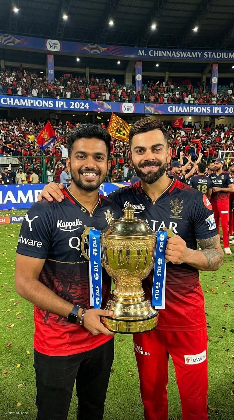 AI generated: Combine these two photos and make me to stand beside virat kohli with the ipl cup. Make virat giving...