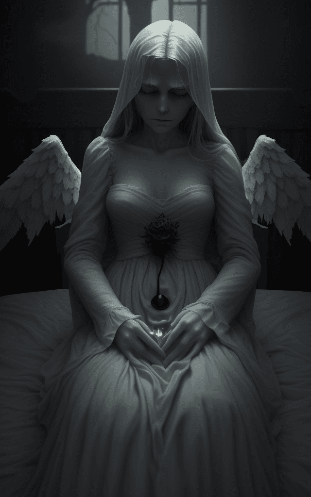 AI generated: Craft a haunting scene of a person on their deathbed, enveloped in a somber atmosphere that evokes a...