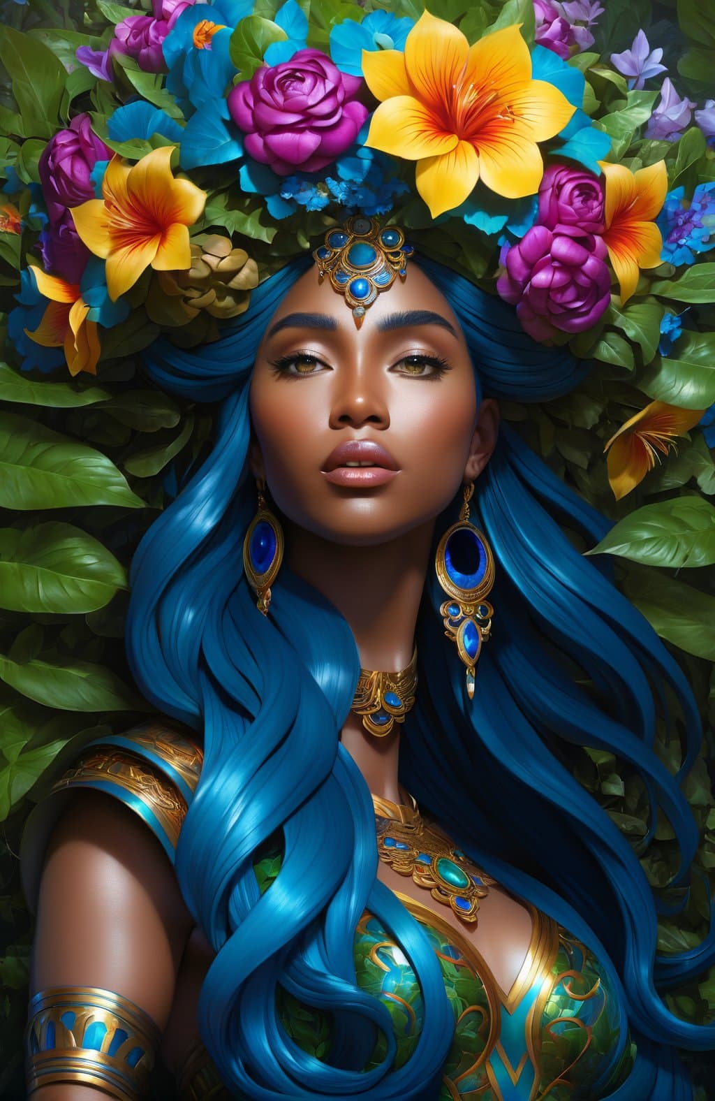 AI generated: goddess dryad of the forest, strong expression, roots, concept art, rimlights, flowers overgrown, de...