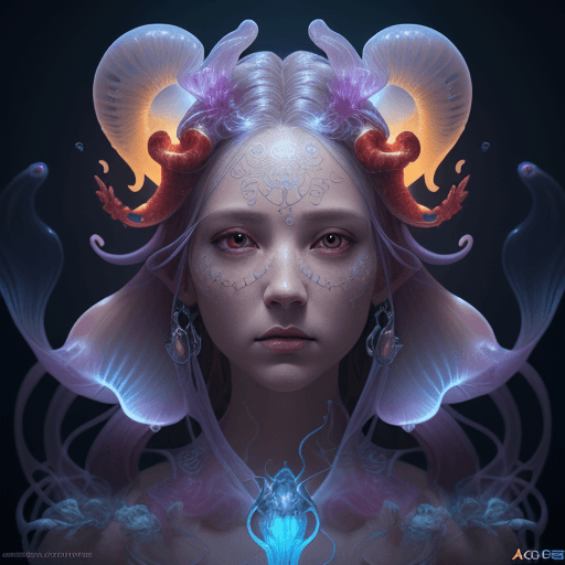 AI generated: Goddess close-up portrait ribcagel. jellyfish phoenix head, nautilus, orchid, skull, betta fish, bio...