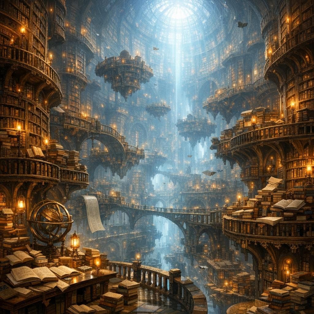 AI generated: Create a unique environment/Biome of a Knowledge → The Infinite Archive (endless libraries)
