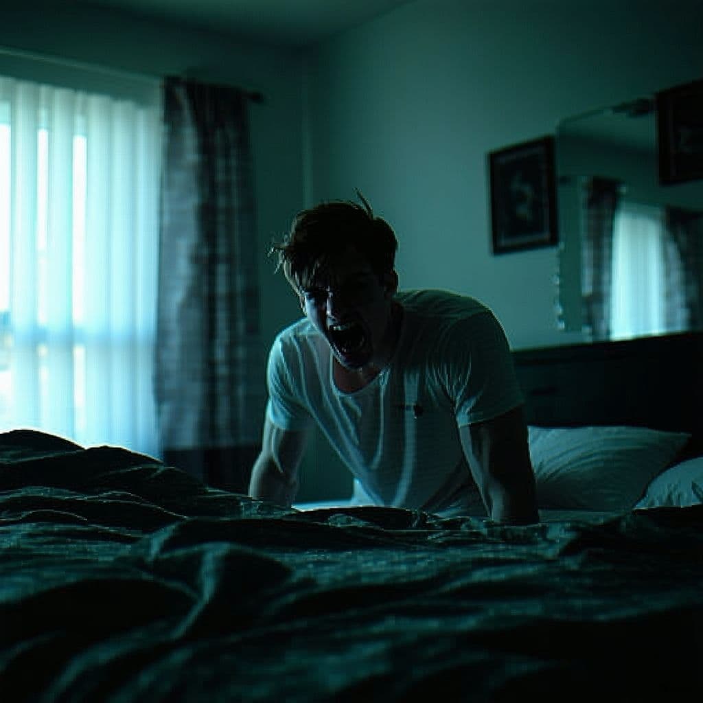 AI generated: Joshua Barraclough sees demons at the end of his bed and screams blood curdling screams with eyes fu...