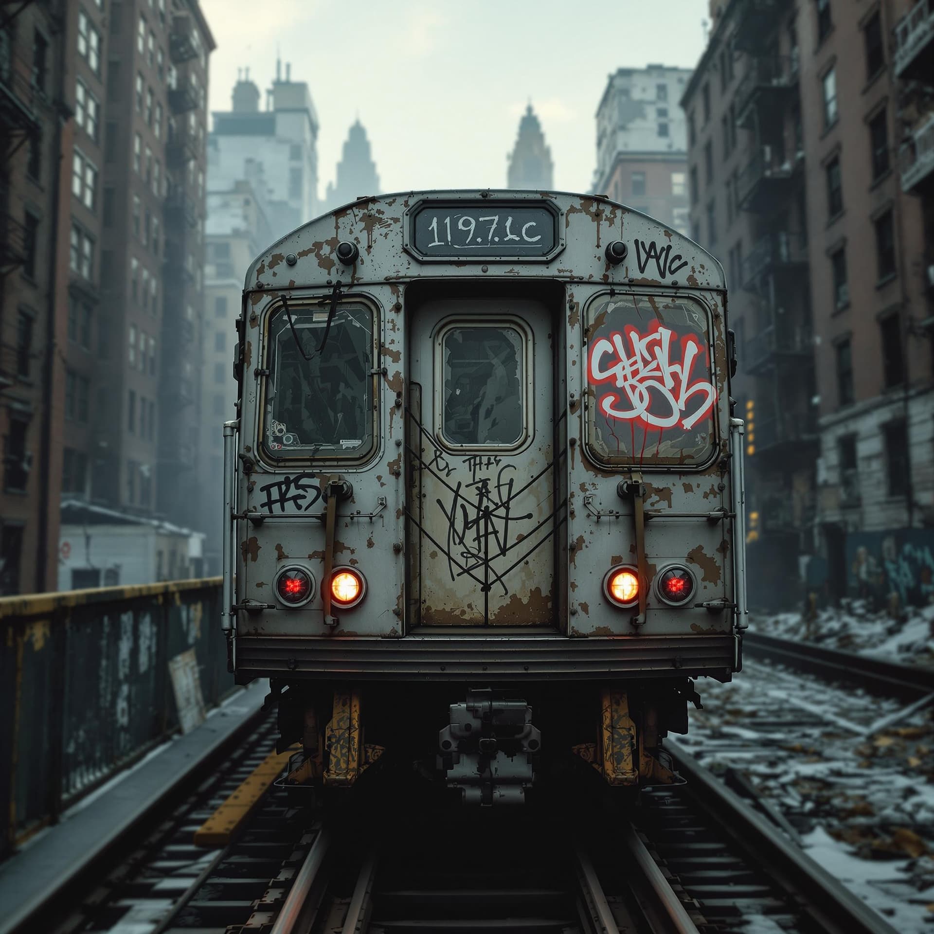 AI generated: front view of an old 1980 nyc subway car with a little graffiti on it moving forward, behind the tra...