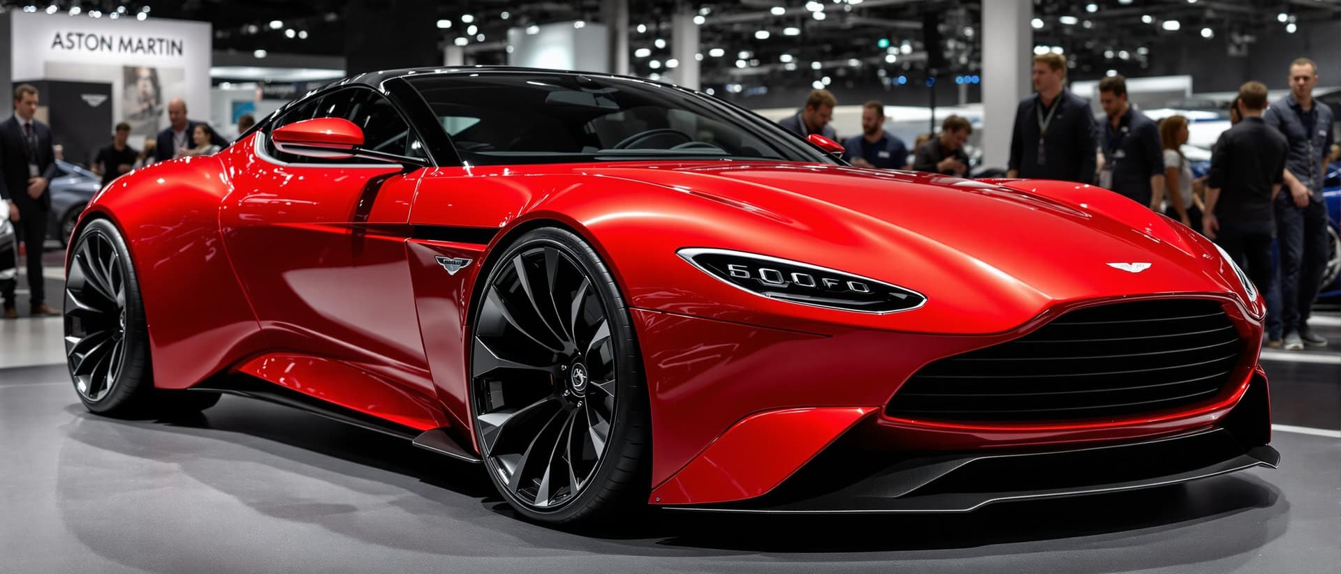 AI generated: a futuristic simple concept of a red aston martin vantage with satin black wheels at a autoshow fron...