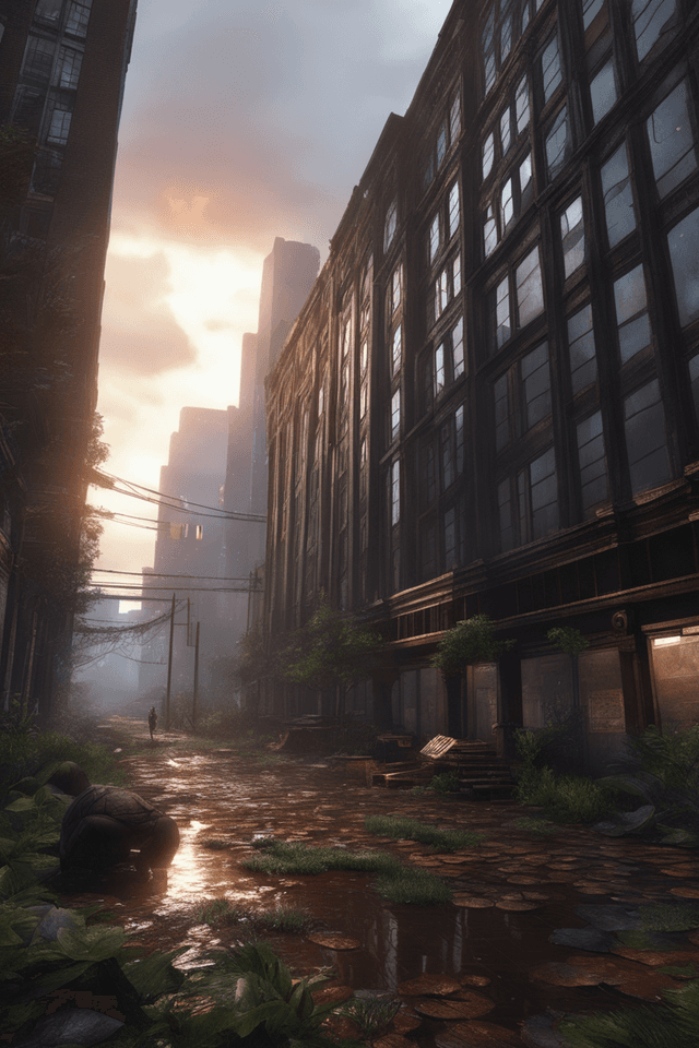 AI generated: Last of Us, ultra-realistic, dystopian, fallen sky scrappers,raining, high angle,fungi,fire art stat...