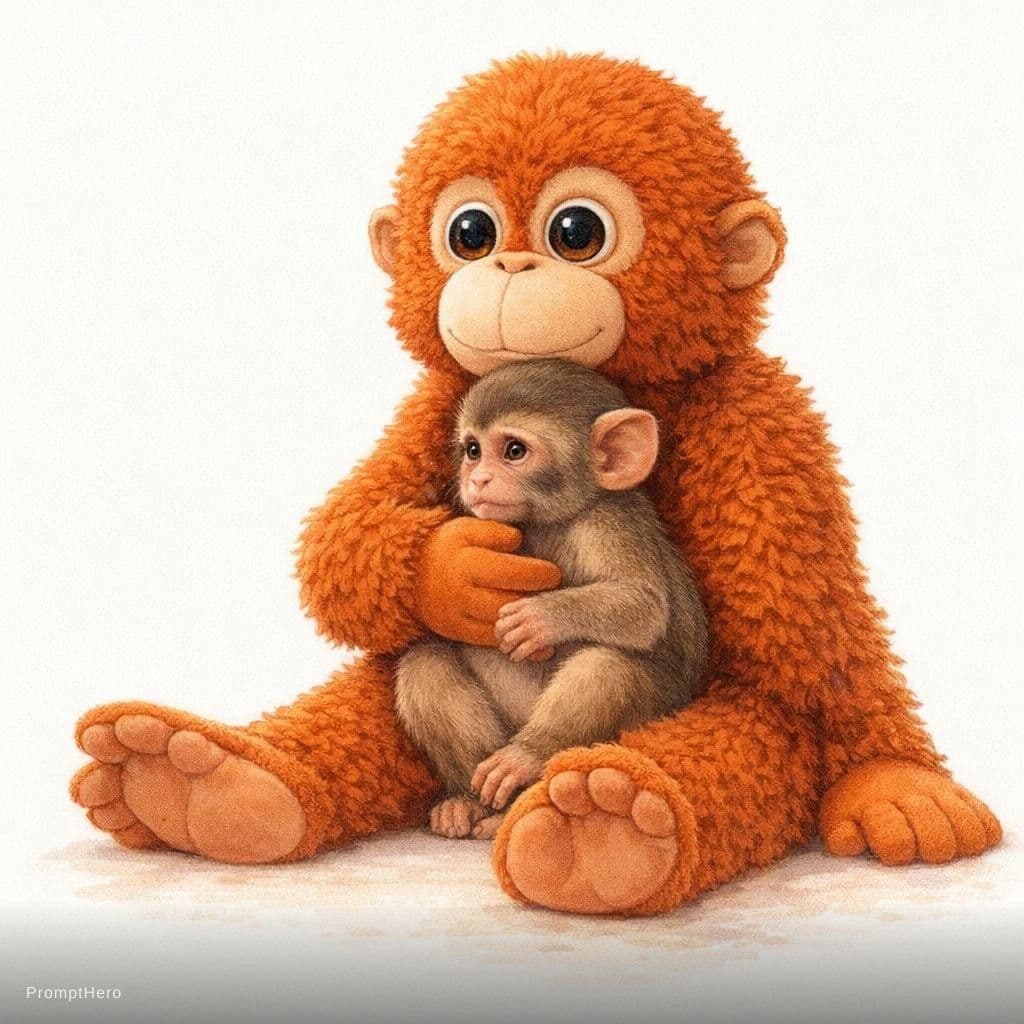 AI generated: storybook style illustration, large orange plush stuffed monkey toy hugging a tiny baby monkey prote...