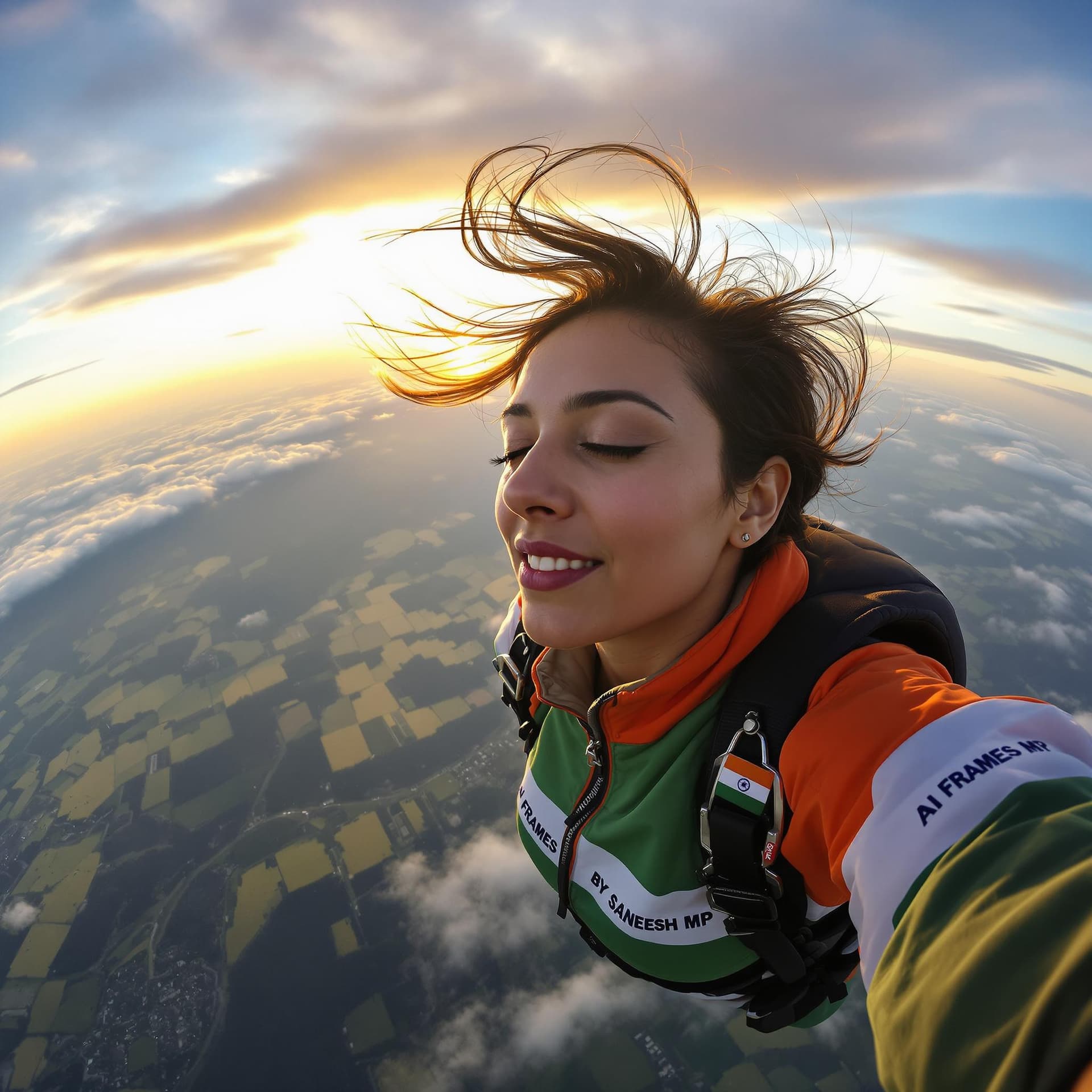 AI generated: A 32-year-old Indian woman with short, wind-swept hair, captured in mid-air during a skydive. Her fa...