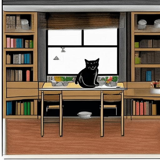 AI generated: Dinner room 3mts by 3mts, 2 bookshelfs, 1 table with 2 chairs, 1 cupboard, 1 drawing table, 1 desk w...