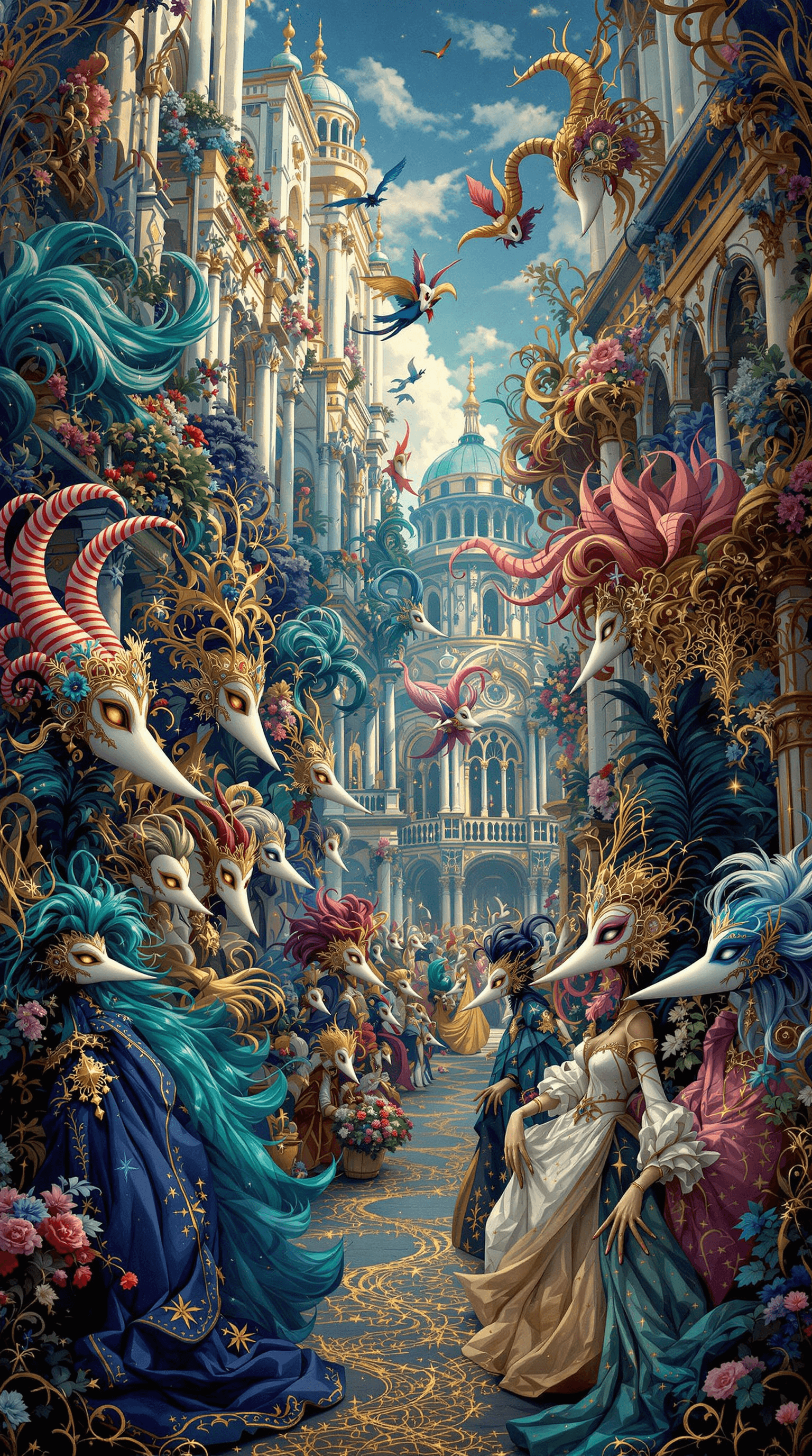 AI generated:  A majestic carnival scene unfolding in the heart of Venice, with ornate masks and lavish attire, se...