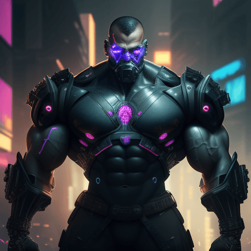 AI generated: A strong bodybuilder , portrait, wearing tank armor, solo, cyberpunk, official art, unity 8k wallpap...