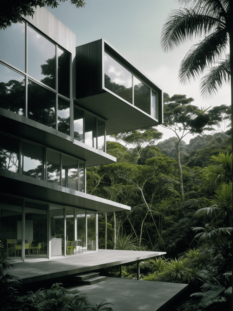 AI generated: Hyper realistic eye level exterior photo of a futuristic style house overlooking the jungle, dayligh...