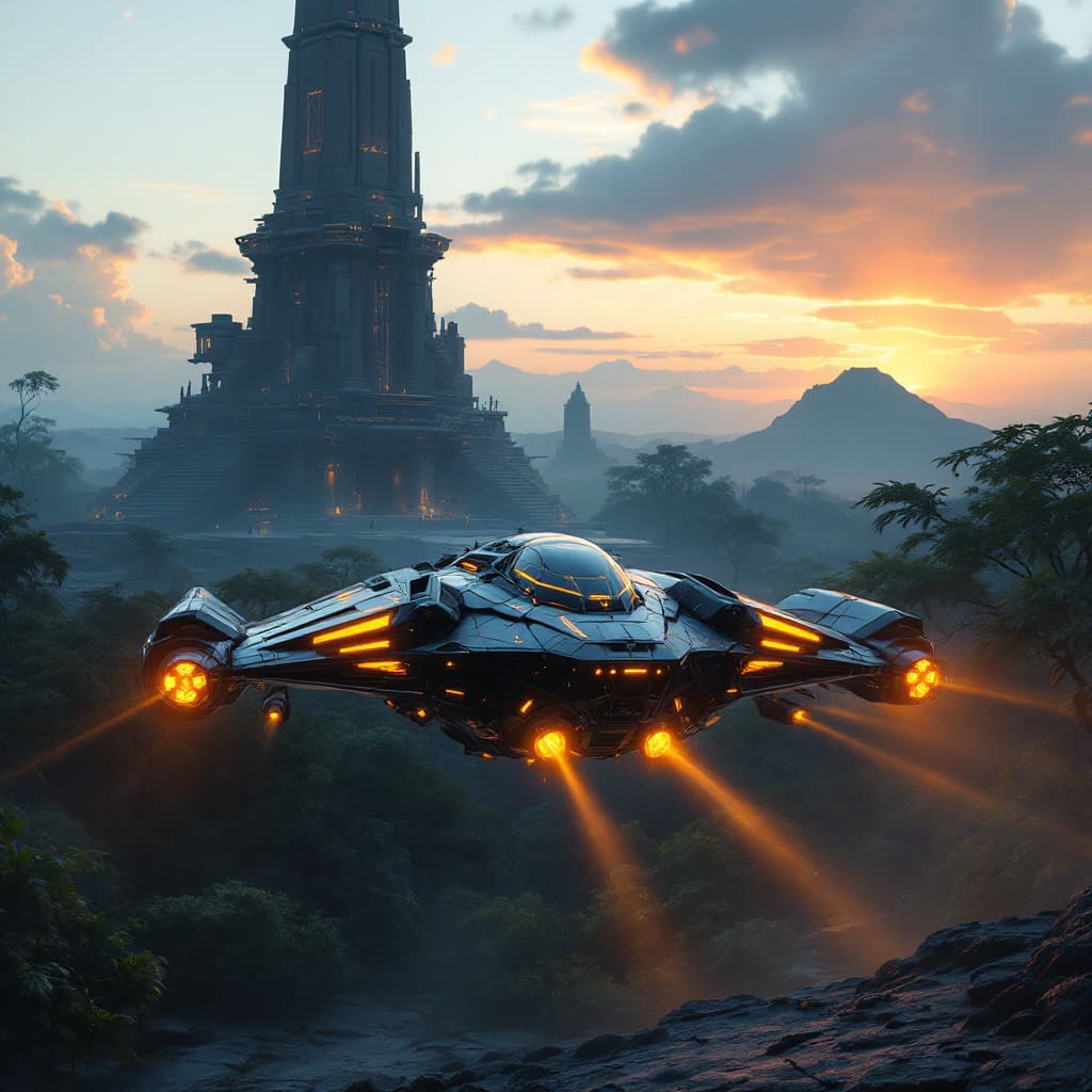 AI generated: **"Futuristic epic adventure scene**, a massive **Tartaria-inspired megalithic building** in the bac...