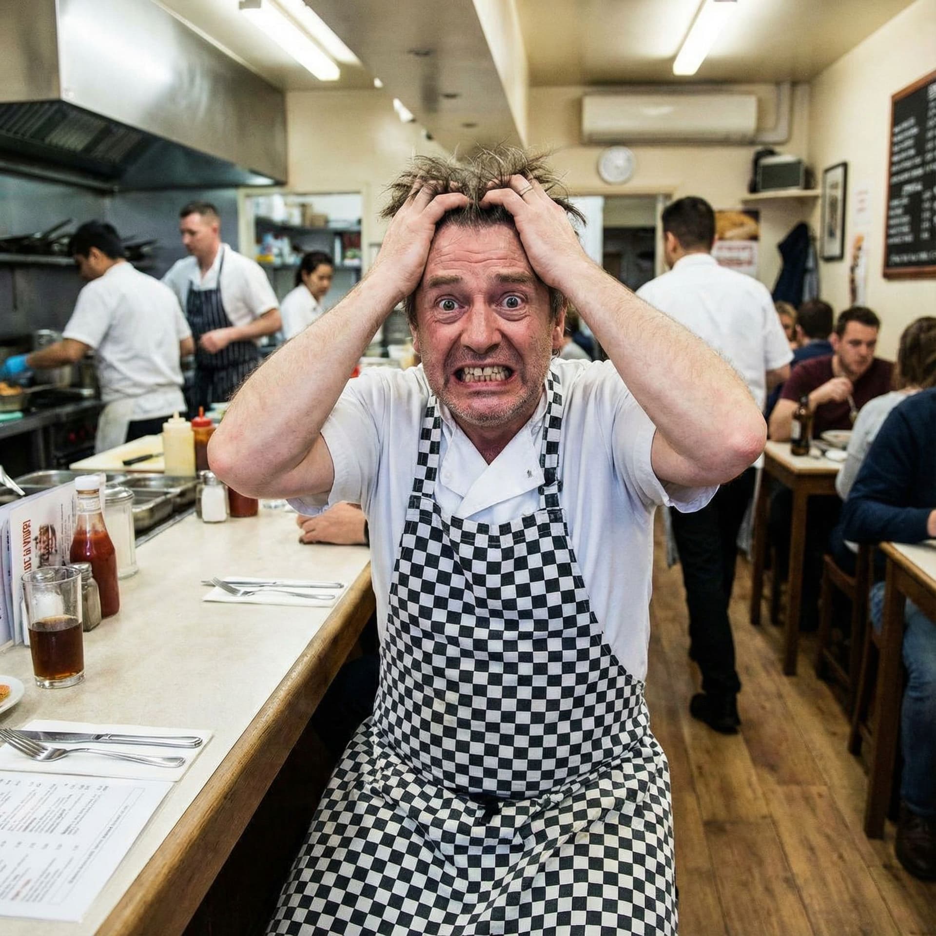 AI generated: Business owner panicking with hands in hair in his restaurant and showing teeth
