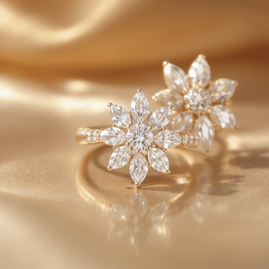 AI generated: Capture a high-fashion jewelry editorial showcasing a premium, old money aesthetic. Feature flower-s...