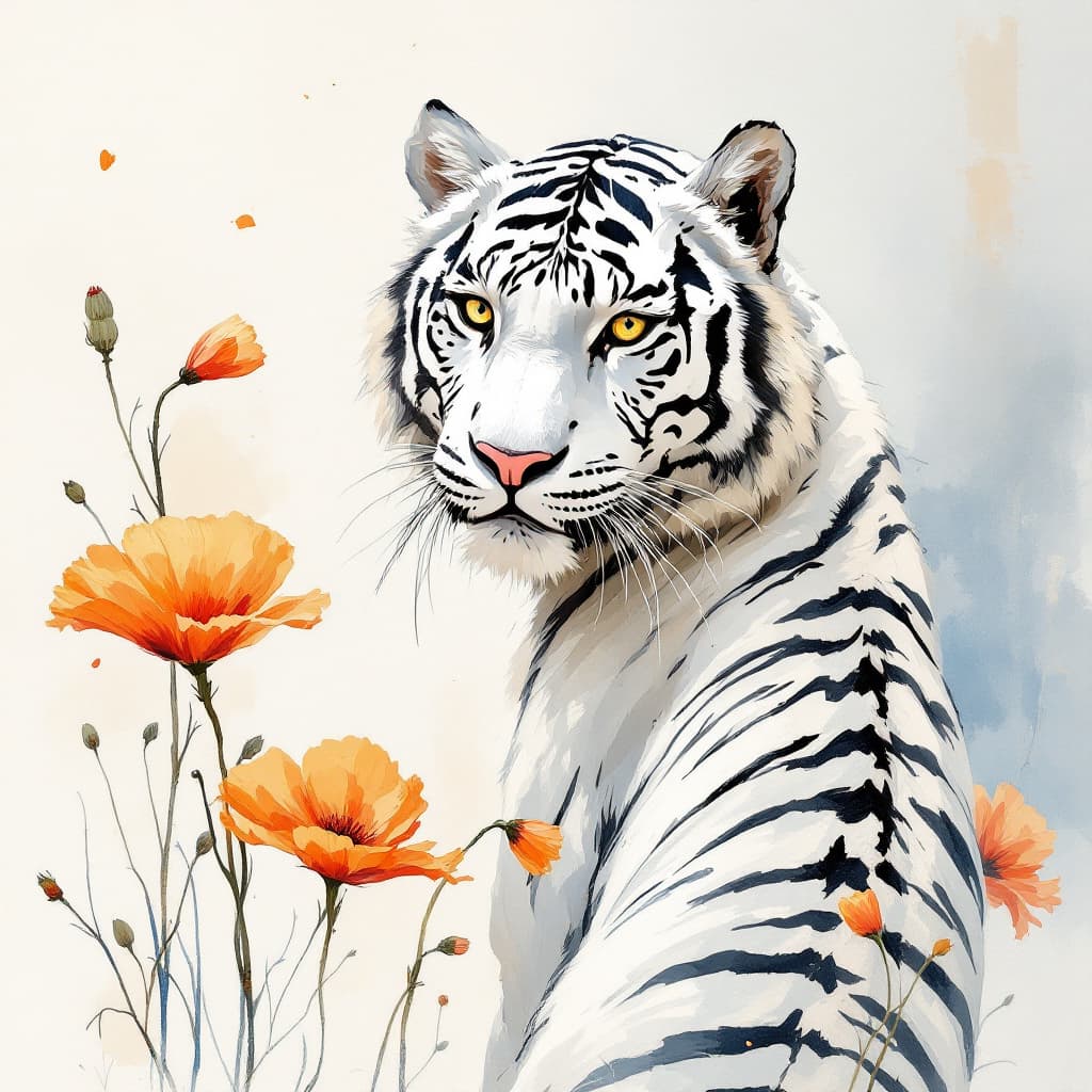 AI generated: Prompt: Oil painting and alcohol ink combination. A [white tiger, looking back at us over its should...