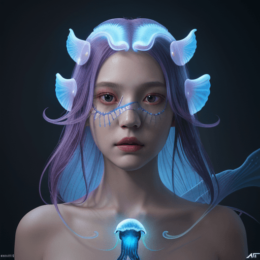 AI generated: Goddess close-up portrait ribcagel. jellyfish phoenix head, nautilus, orchid, skull, betta fish, bio...