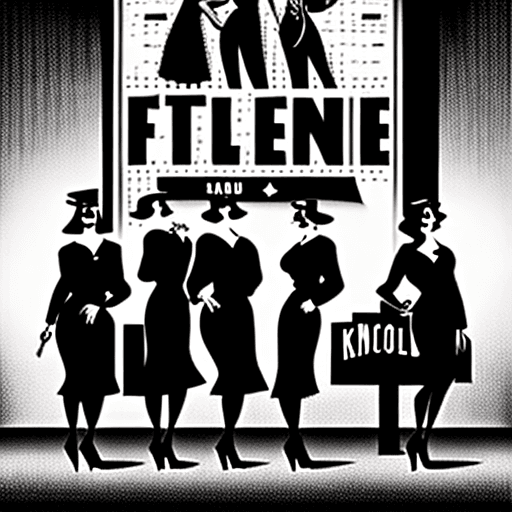 AI generated: Film noir style logo of female gangsters standing in front of a tall building. menacing. film noir. ...