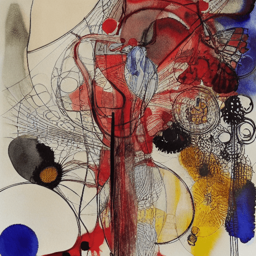 AI generated: Robert Rauschenberg japanese art nouveau WATERCOLOUR AND INK YOSHITAKA AMANO abstract, complex lines...