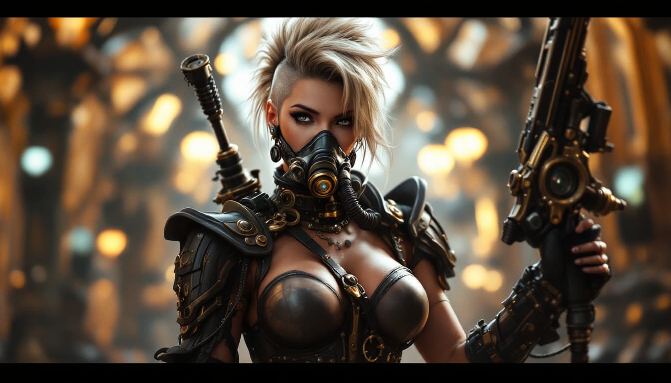 AI generated:  Steampunk lady with a breathing mask, mohawk hair, steampunk outfit and weapon, intricate design an...