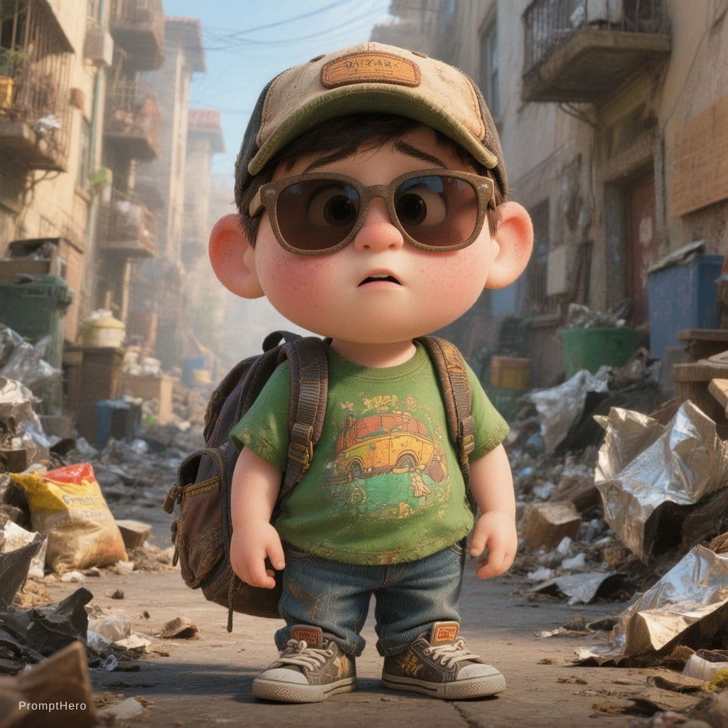 AI generated: A Pixar-style animated portrait of a young, quirky boy wearing a cap, sunglasses, a green t-shirt, j...