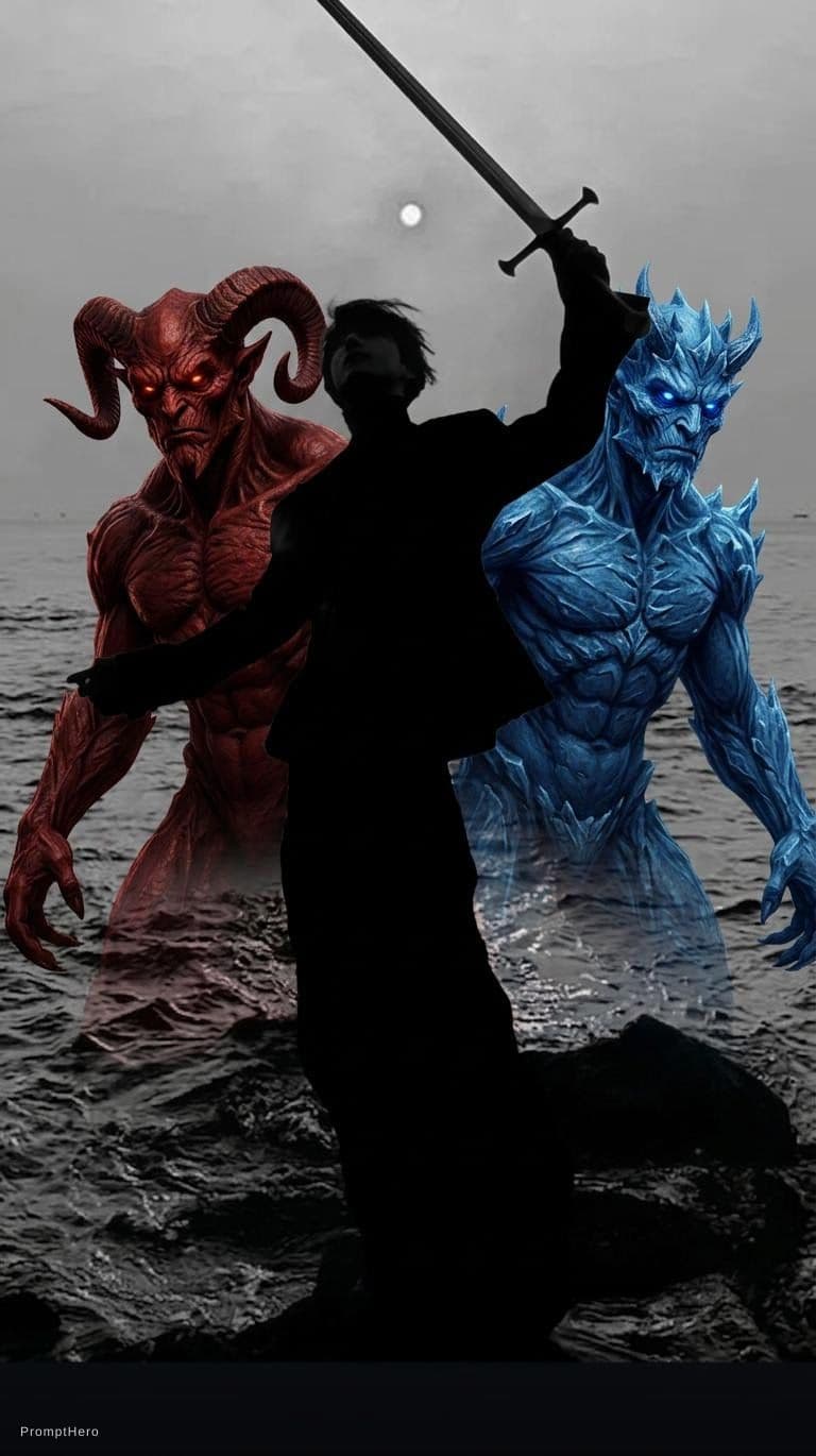 AI generated: IN BACK OF PERSON STAND A RED AND BLUE DEMON LIKE HE IS REAL FOM OF PERSON KEEP PERSON BODY AND FACE...