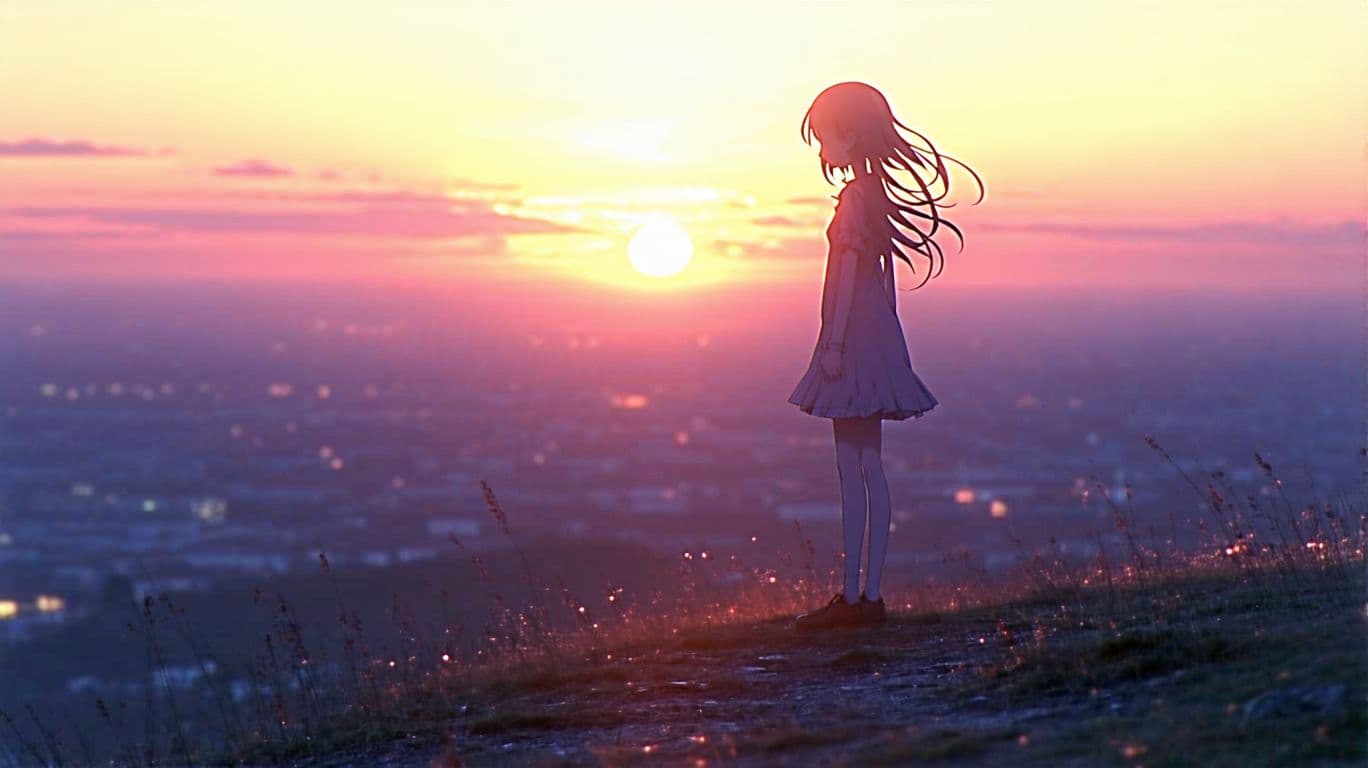 AI generated: A girl stands alone at the top of a hill, tears streaming down her face as she gazes at the horizon....