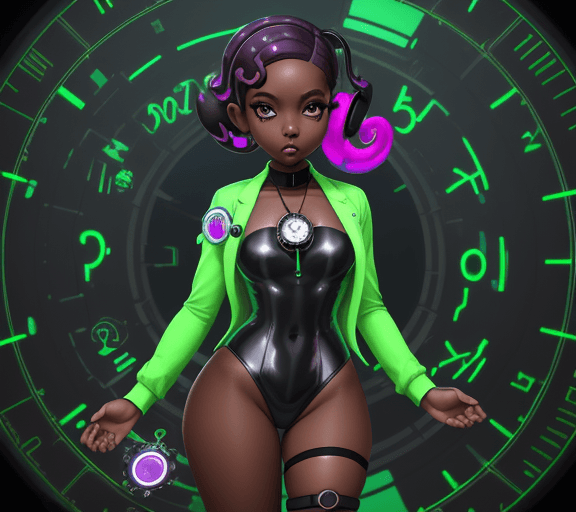 AI generated: octoling girl, adult, dark skin, thick thighs, chest, splatoon, futuristic tech, hypnotized, hypnosi...