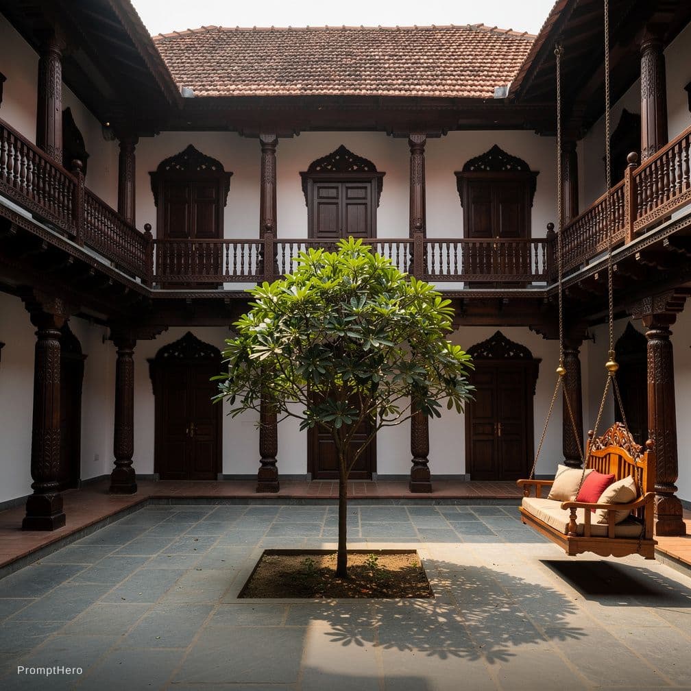 AI generated: A courtyard of a traditional Indian home, featuring a small tree in the center, surrounded by stone ...