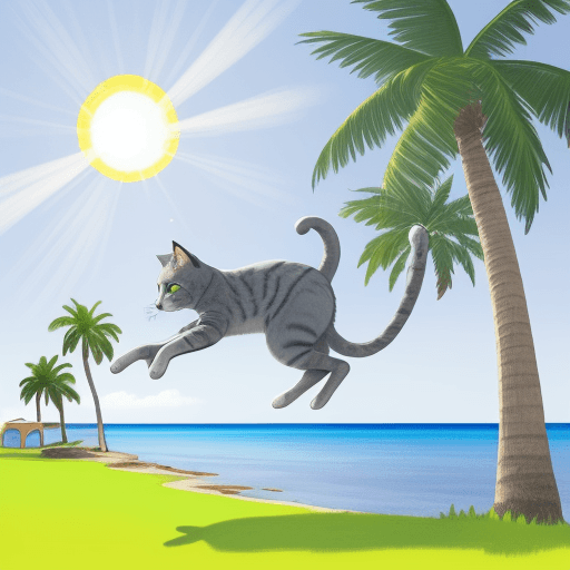 AI generated: colourful drawing of a grey cat jumping sideways on an island with grass and a palm tree on the righ...