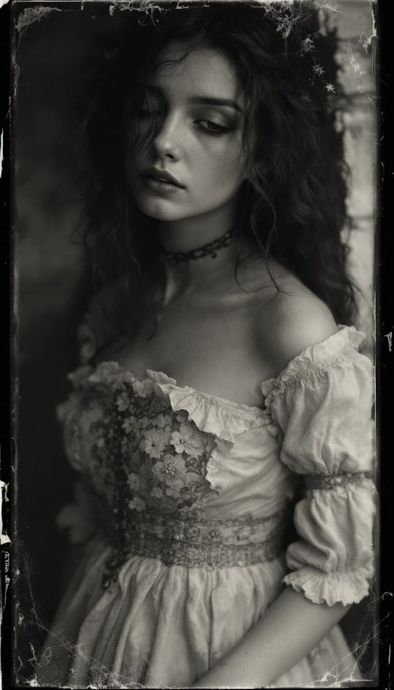 AI generated: girl, old polaroid photo, medieval, sad mood, b&w