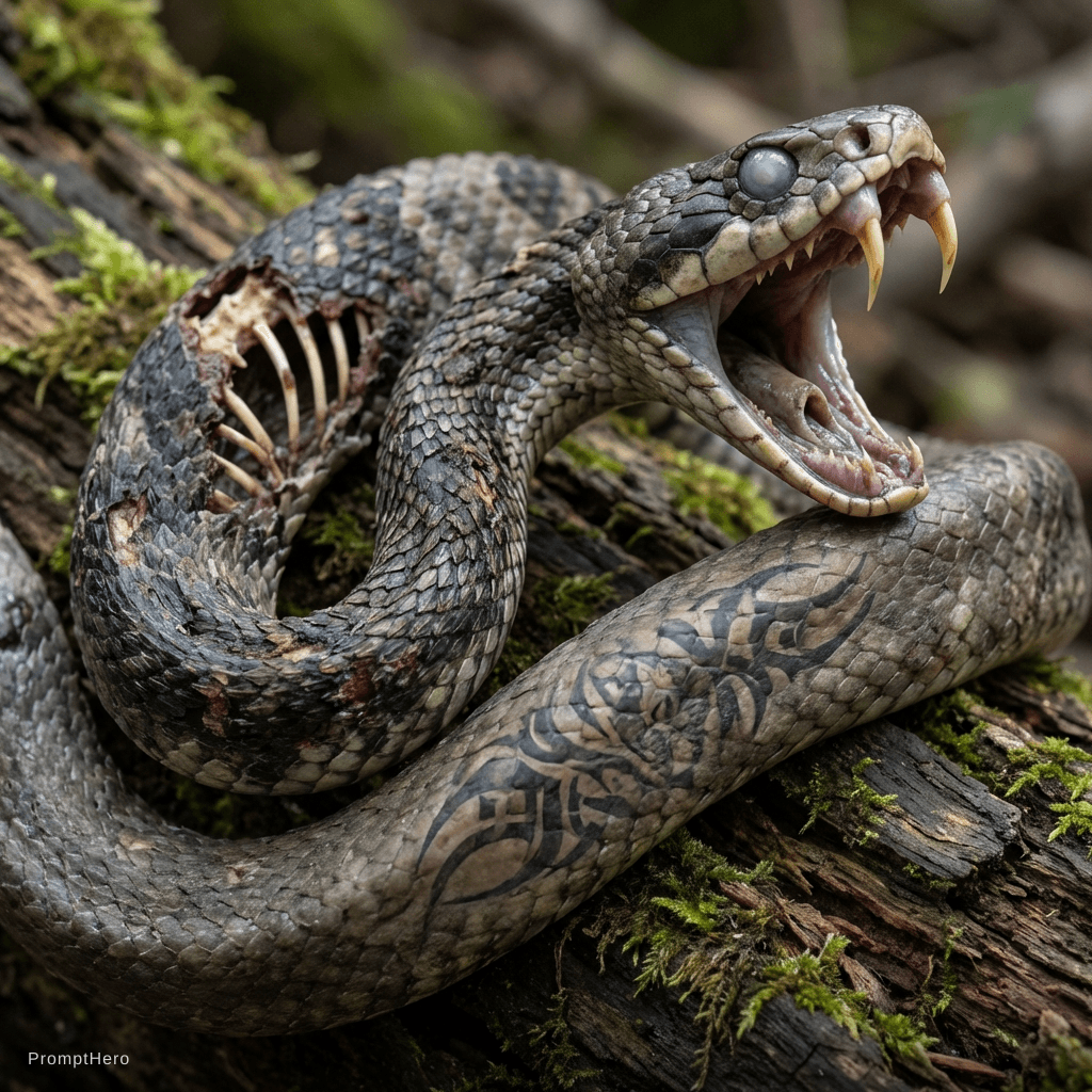 AI generated: A snake that’s almost a zombie half alive half dead with rotting flesh bones and scales with a big m...